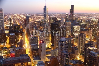 View to Downtown Chicago / USA from high above at twilight