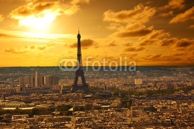 Paris skyline at sunset. Eiffel tower area