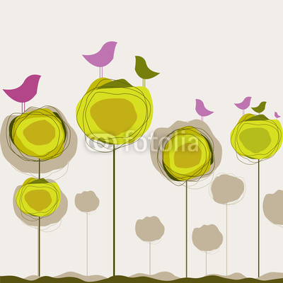 Background with birds, tree. Vector illustration