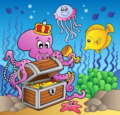 Cartoon octopus on treasure chest