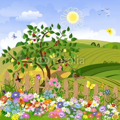 Rural landscape with fruit trees and a fence
