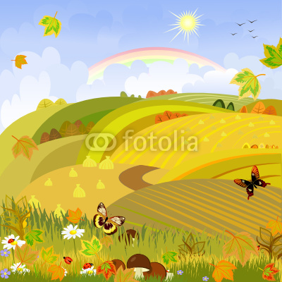Mushrooms on a background of autumn landscape rural expanses