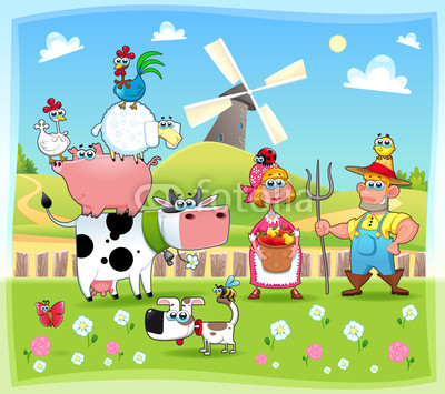 Funny farm family. Cartoon and vector illustration.