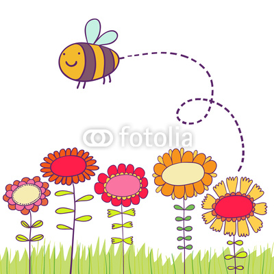 Cartoon bee flying over flowers