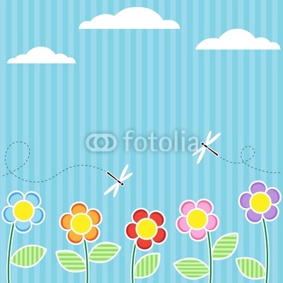 Background with flowers and flying dragonflies