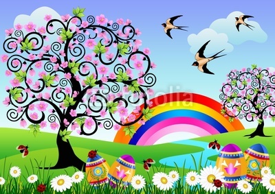 Spring landscape with Easter eggs, ladybugs and a rainbow