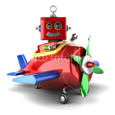 Happy toy robot in plane over white background