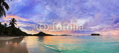 Tropical beach Cote d'Or at sunset, Seychelles