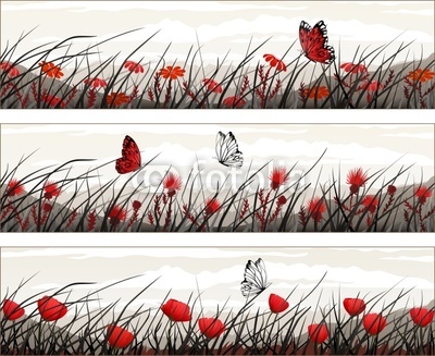 Graphic banners with wild flowers and butterflies