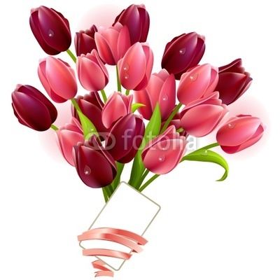 Bunch of tulips and small card isolated on white background