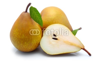 Yellow sliced pears with green leaf isolated