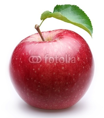 Ripe red apple with a leaf.