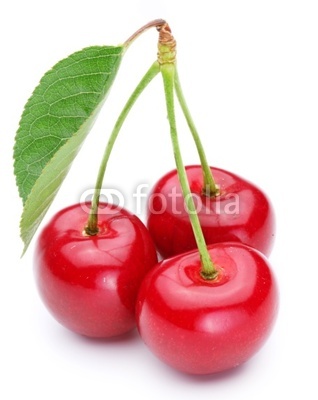 Three cherries with leaf.