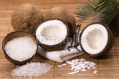 coco bath items. towel, salt, coconut, vanilla. spa