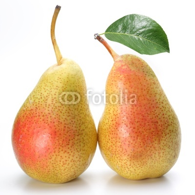 Two appetizing pears with a leaf.