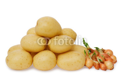 Fresh potatoes and onion on a white background