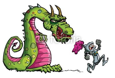 Cartoon of a knight running from a fierce dragon