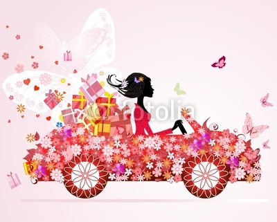 girl on a red car with floral gifts