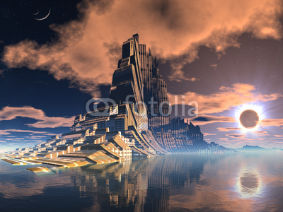 Futuristic Alien City at Lunar Eclipse