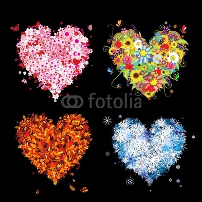 Four seasons - spring, summer, autumn, winter. Art hearts