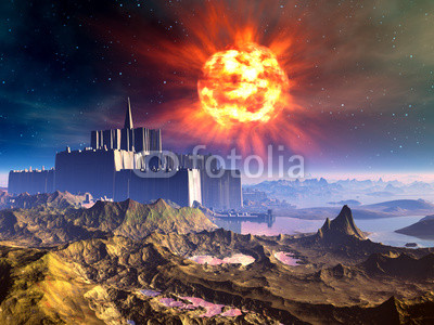 Alien Castle Fortress Under Exploding Sun