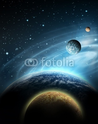 planet with sunrise on the background of stars