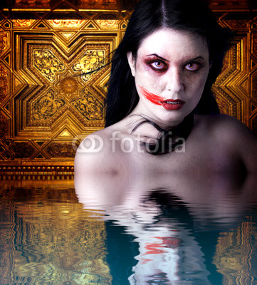 Woman vampire with blood in his mouth. Gothic Image halloween ov