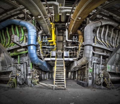 A panorama of the interior of an abandoned power station. This i