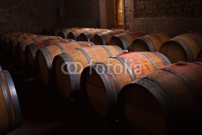 Wine barrels in an aging cellar of Ribera del Duero, Spain