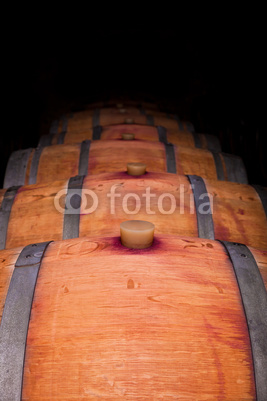 Wine barrels in an aging cellar of Ribera del Duero, Spain