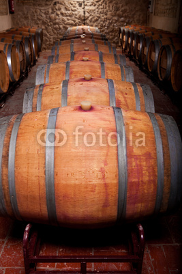 Wine barrels in an aging cellar of Ribera del Duero, Spain